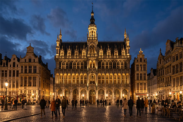 a historic building lit with single color warm white light
